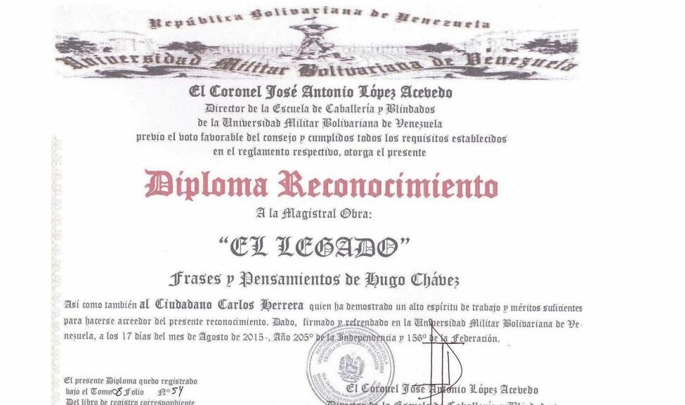 Frases y Pensamientos de Hugo Chávez, “El Legado” recibió diploma de reconocimiento de la Escuela de Caballería y Blindados de la UMBV
