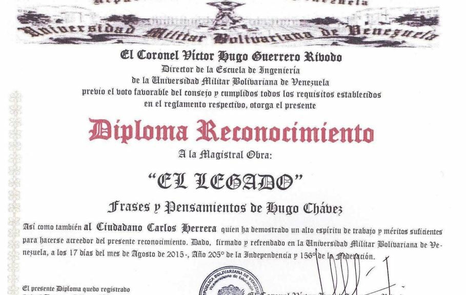 Frases y Pensamientos de Hugo Chávez, “El Legado” recibió reconocimiento de la Escuela de Ingeniería de la UMBV