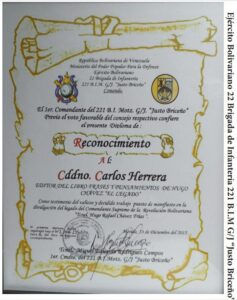 Libro de Chávez “Frases y Pensamientos” es considerado una obra magistral por el 221 Batallón de Infantería Motorizado