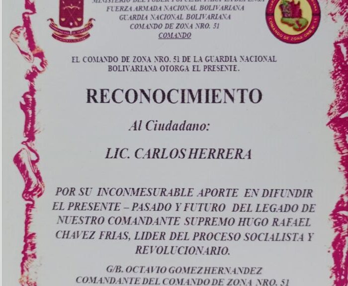 Libro de Chávez “Frases y Pensamientos” recibió diploma honorífico del Comando de Zona N° 51 de la GNB