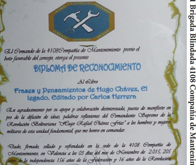 El libro de Chávez Frases y Pensamientos “El Legado” fue reconocido por la 4108 Compañía de Mantenimiento del Ejército Bolivariano