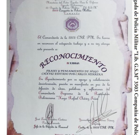 Libro de Chávez Frases y Pensamientos “El Legado” recibió un reconocimiento de la 3503 Compañía de Policía Militar del Ejército Bolivariano