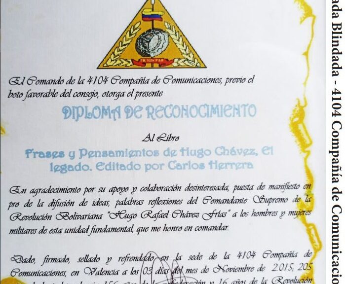 Libro de Chávez Frase y Pensamientos “El Legado” recibió reconocimiento de la 4104 Compañía de Comunicaciones del Ejército Bolivariano