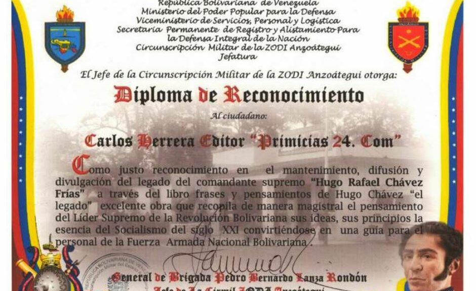 Frases y Pensamientos de Hugo Chávez, “El Legado” recibió reconocimiento de la Circunscripción Militar de la ZODI Anzoátegui