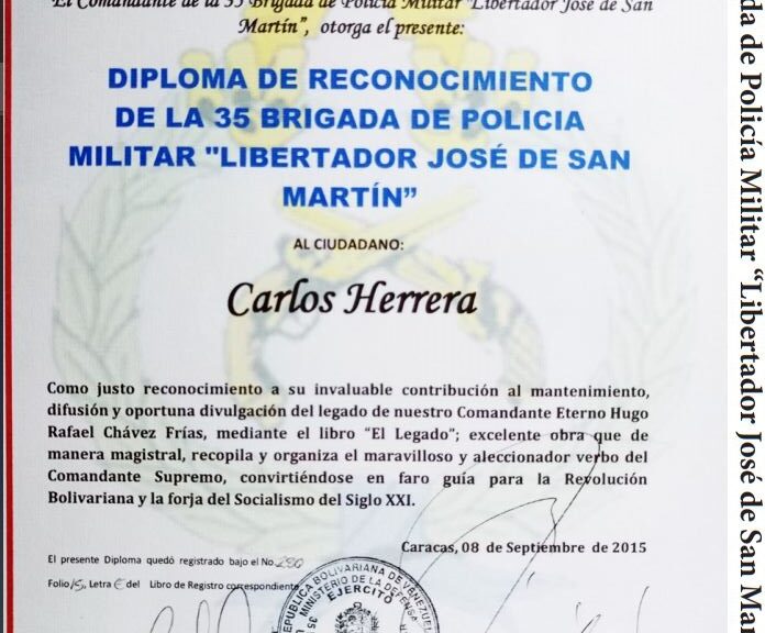 Frases y Pensamientos de Hugo Chávez, “El Legado” recibió reconocimiento de la 35 Brigada de Policía Militar “Libertador José de San Martín”