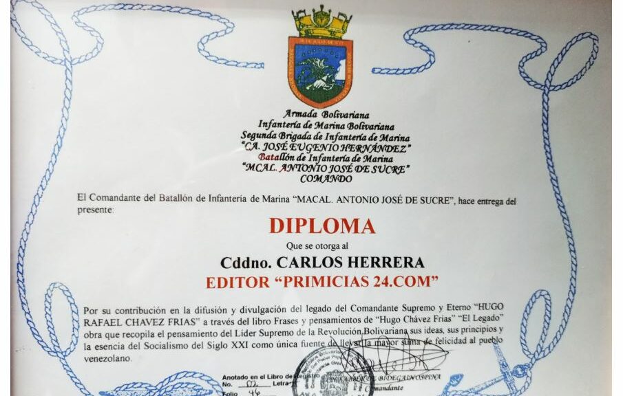 Frase y Pensamientos “El Legado” recibió diploma de reconocimiento del Batallón de Infantería de Marina “Mariscal Antonio José de Sucre”