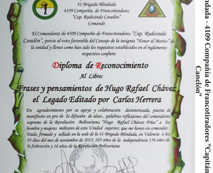 Libro de Chávez Frases y Pensamientos “El Legado” recibió reconocimiento de la 4109 Compañía de Francotiradores “Capitán Rudesindo Canelón”