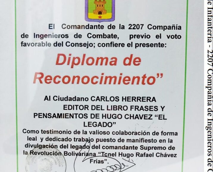 Libro de Chávez Frases y Pensamientos “El Legado” recibió reconocimiento de la 2207 Compañía de Ingenieros de Combate