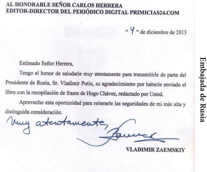 Vladimir Putin destacó el libro de Chávez Frases y Pensamientos “El Legado” y envió reconocimiento