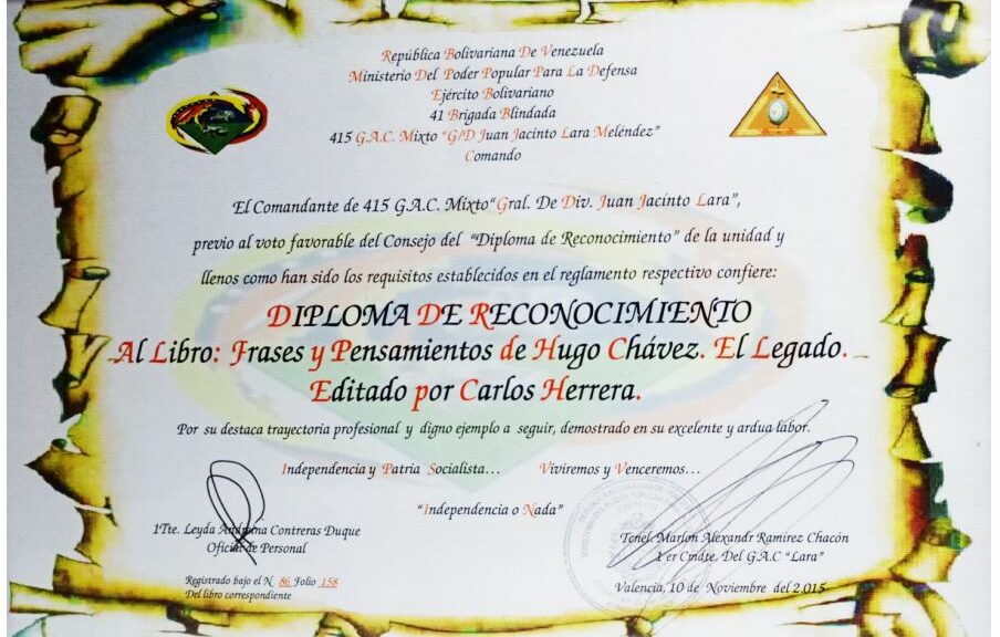Grupo de Artillería de Campaña Mixto “GD Juan Jacinto Lara Meléndez” reconoció al libro Frases y Pensamientos “El Legado”