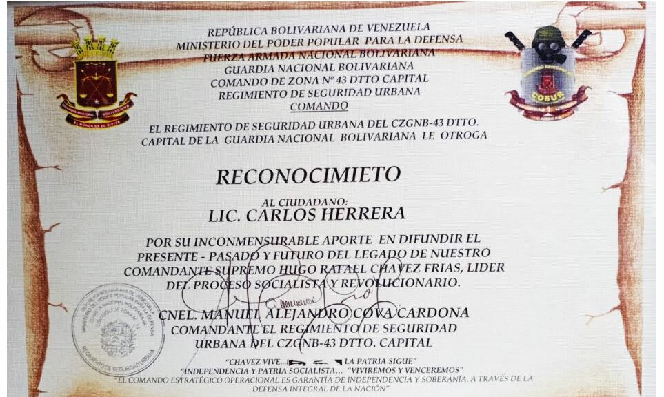 Frases y Pensamientos “El Legado” recibió reconocimiento del Regimiento de Seguridad Urbana Comando de Zona N° 43 Distrito Capital de la GNB