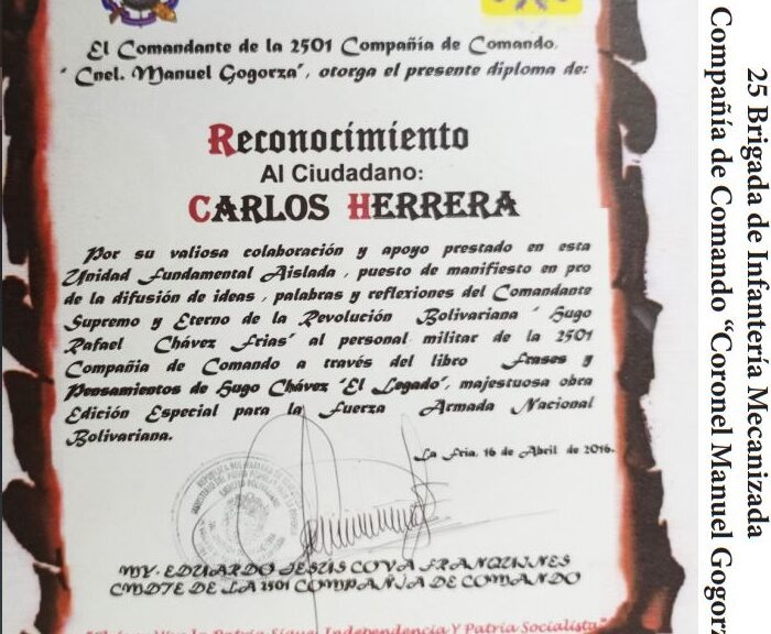 Libro Frases y Pensamientos de Hugo Chávez, “El Legado” recibió reconocimiento de la 2501 Compañía de Comando “Coronel Manuel Gogorza”