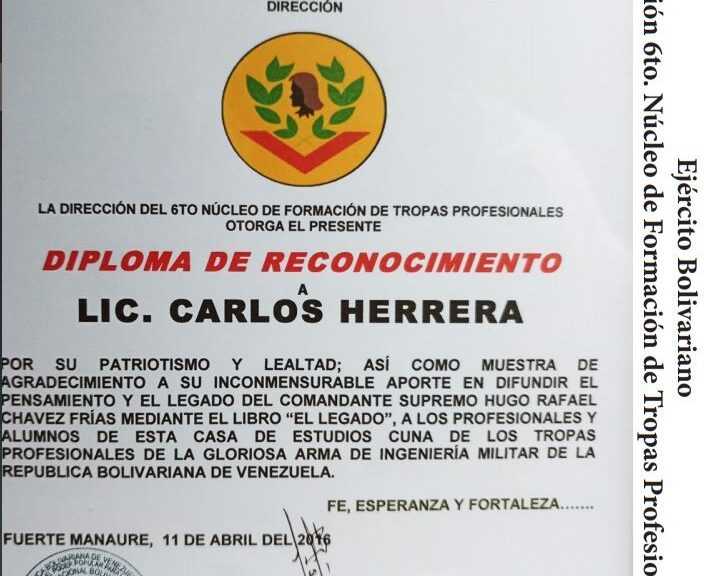 Libro de Chávez Frases y Pensamientos “El Legado” recibió reconocimiento del 6to. Núcleo de Formación de Tropas Profesionales del Ejército Bolivariano