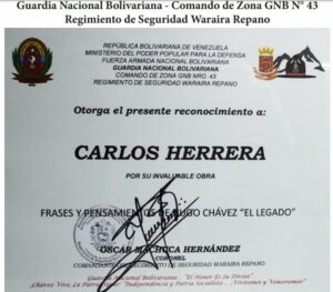 Libro de Chávez Frases y Pensamientos “El Legado” recibió reconocimiento del Regimiento de Seguridad Waraira Repano de la GNB