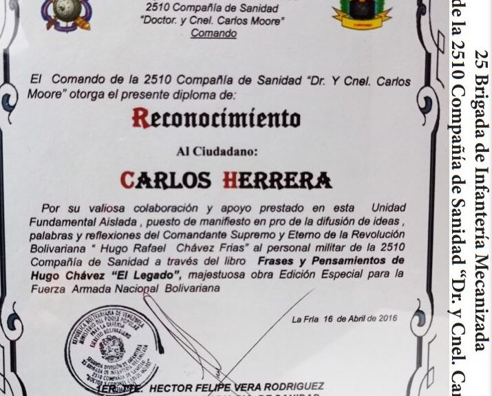 Libro de Chávez Frases y Pensamientos “El Legado” recibió reconocimiento de la 2510 Compañía de Sanidad “Dr. y Cnel. Carlos Moore”