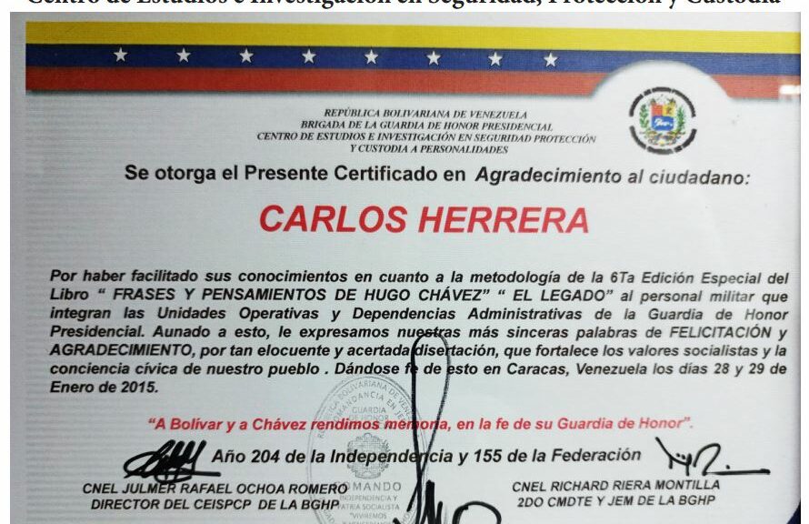 Libro de Chávez Frases y Pensamientos “El Legado” recibió reconocimiento del Centro de Estudios e Investigación en Seguridad, Protección y Custodia de la Brigada de la Guardia de Honor Presidencial