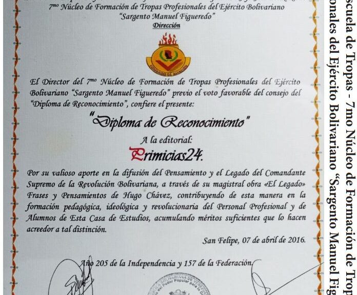 Libro de Chávez Frases y Pensamientos “El Legado” recibió reconocimiento del 7mo Núcleo de Formación de Tropas Profesionales del Ejército Bolivariano