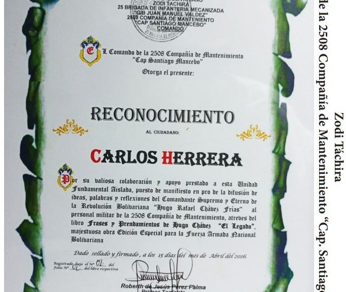 Libro de Chávez Frases y Pensamientos “El Legado” recibió reconocimiento de la 2508 Compañía de Mantenimiento “Cap. Santiago Mancebo”