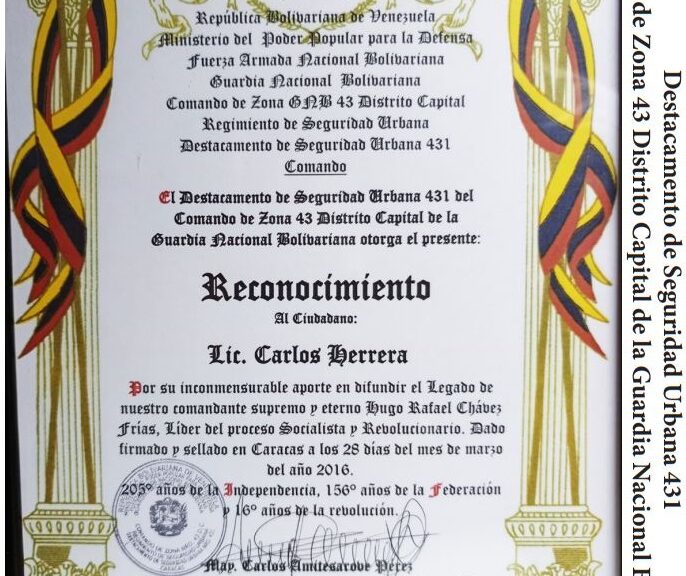 Libro de Chávez Frases y Pensamientos “El Legado” recibió reconocimiento del Destacamento de Seguridad Urbana 431 de la GNB
