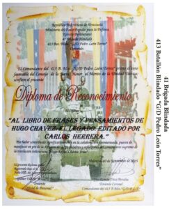 Libro de Chávez Frases y Pensamientos “El Legado” recibió reconocimiento del 413 Batallón Blindado “GD Pedro León Torres”