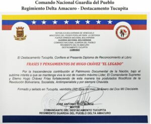 Libro de Chávez Frases y Pensamientos “El Legado” recibió reconocimiento del Destacamento Tucupita del Regimiento Delta Amacuro de la GNB
