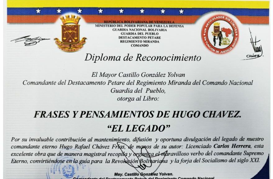 Libro de Chávez Frases y Pensamientos “El Legado” recibió reconocimiento Destacamento Petare del Regimiento Miranda de la Guardia del Pueblo
