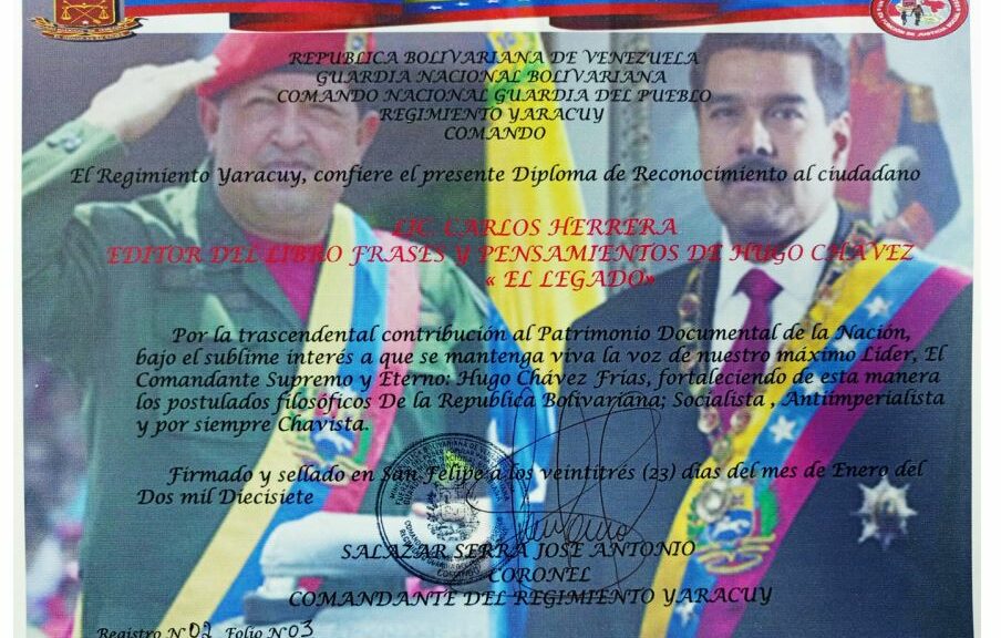 Libro de Chávez Frases y Pensamientos “El Legado” recibió reconocimiento del Regimiento Yaracuy de la Guardia del Pueblo