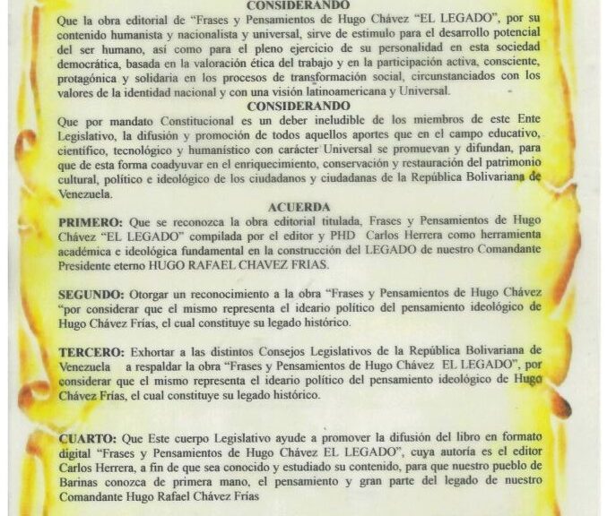Libro de Chávez Frases y Pensamientos “El Legado” recibió reconocimiento del Consejo Legislativo de Barinas