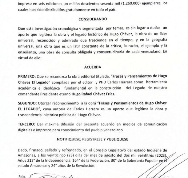 Libro de Chávez Frases y Pensamientos “El Legado” recibió reconocimiento del Consejo Legislativo de Amazonas