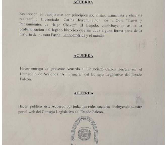 Libro de Chávez Frases y Pensamientos “El Legado” recibió reconocimiento del Consejo Legislativo de Falcón