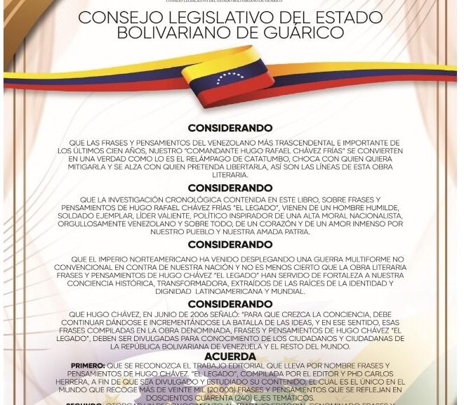 Libro de Chávez Frases y Pensamientos “El Legado” recibió reconocimiento del Consejo Legislativo de Guárico