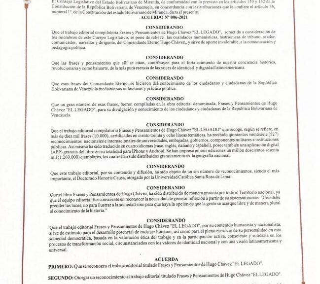 Libro de Chávez Frases y Pensamientos “El Legado” recibió reconocimiento del Consejo Legislativo de Miranda
