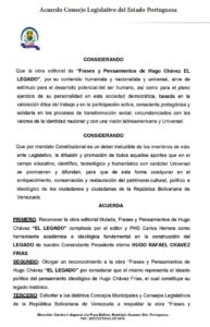 Libro de Chávez Frases y Pensamientos “El Legado” recibió reconocimiento del Consejo Legislativo de Portuguesa