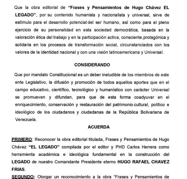 Libro de Chávez Frases y Pensamientos “El Legado” recibió reconocimiento del Consejo Legislativo de Portuguesa