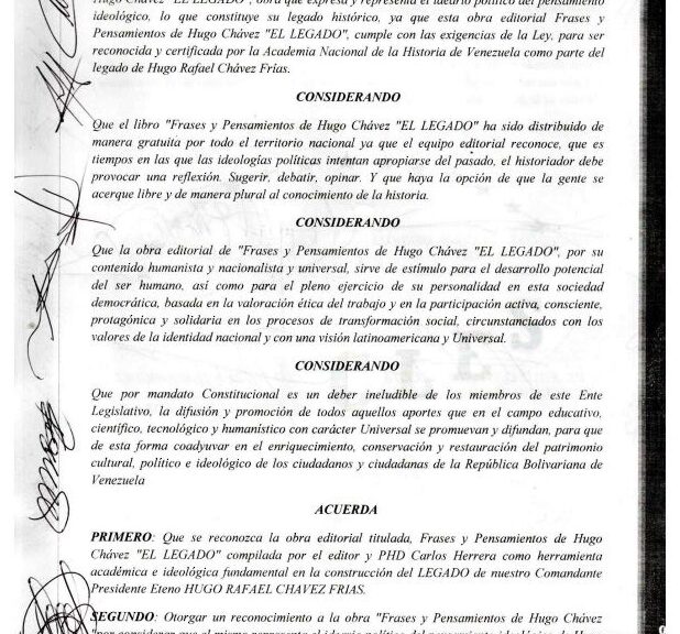 Libro de Chávez Frases y Pensamientos “El Legado” recibió reconocimiento del Consejo Legislativo de Sucre