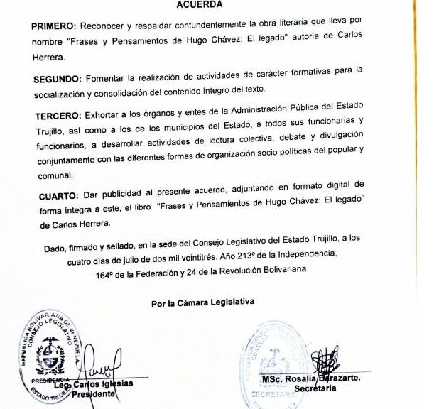 Libro de Chávez Frases y Pensamientos “El Legado” recibió reconocimiento del Consejo Legislativo de Trujillo
