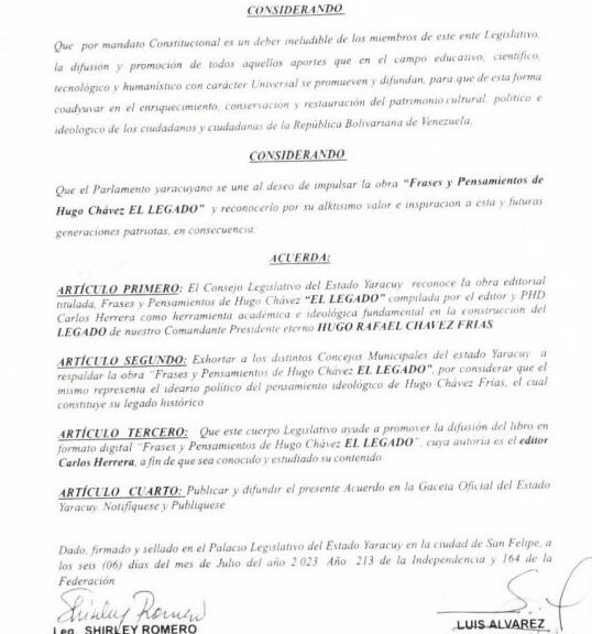 Libro de Chávez Frases y Pensamientos “El Legado” recibió reconocimiento del Consejo Legislativo de Yaracuy
