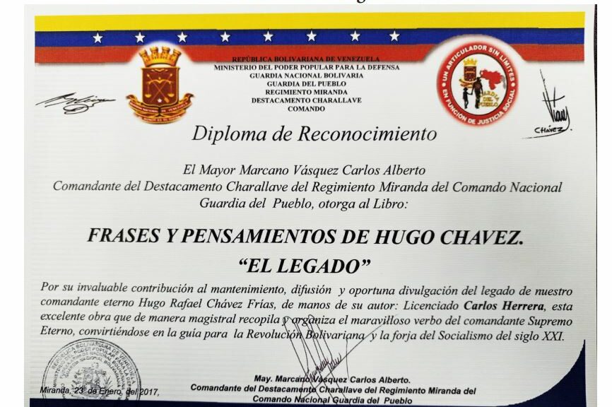 Libro de Chávez Frases y Pensamientos “El Legado” recibió reconocimiento del Destacamento Charallave de la Guardia del Pueblo