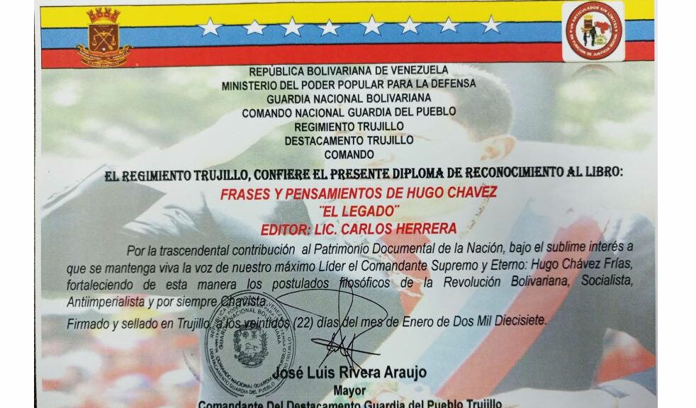 Libro de Chávez Frases y Pensamientos “El Legado” recibió reconocimiento del Destacamento Trujillo de la Guardia del Pueblo