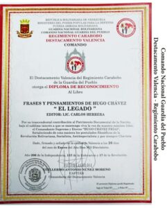Libro de Chávez Frases y Pensamientos “El Legado” recibió reconocimiento del Destacamento Valencia de la Guardia del Pueblo