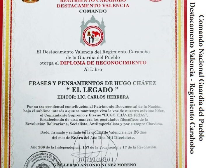 Libro de Chávez Frases y Pensamientos “El Legado” recibió reconocimiento del Destacamento Valencia de la Guardia del Pueblo