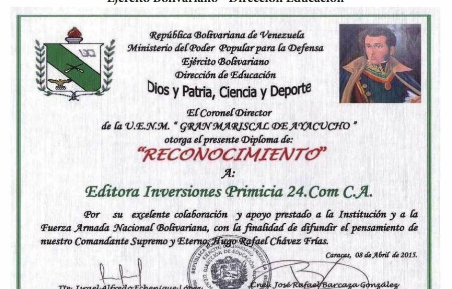 Libro de Chávez Frases y Pensamientos “El Legado” recibió reconocimiento de la U.E.N.M. “Gran Mariscal de Ayacucho”