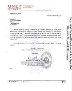 Libro de Chávez Frases y Pensamientos “El Legado” recibió reconocimiento de la Universidad Nacional Experimental de la Seguridad (Unes)