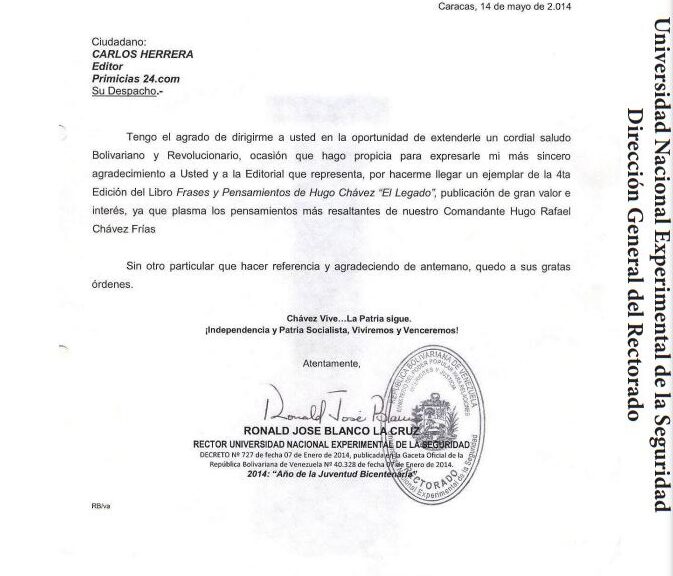 Libro de Chávez Frases y Pensamientos “El Legado” recibió reconocimiento de la Universidad Nacional Experimental de la Seguridad (Unes)