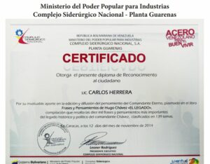 Libro de Chávez Frases y Pensamientos “El Legado” recibió reconocimiento del Complejo Siderúrgico Nacional