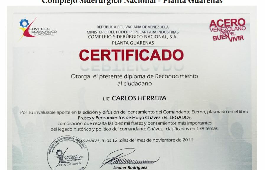 Libro de Chávez Frases y Pensamientos “El Legado” recibió reconocimiento del Complejo Siderúrgico Nacional