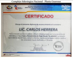 Libro de Chávez Frases y Pensamientos “El Legado” recibió reconocimiento de la Planta Guarenas del Complejo Siderúrgico Nacional