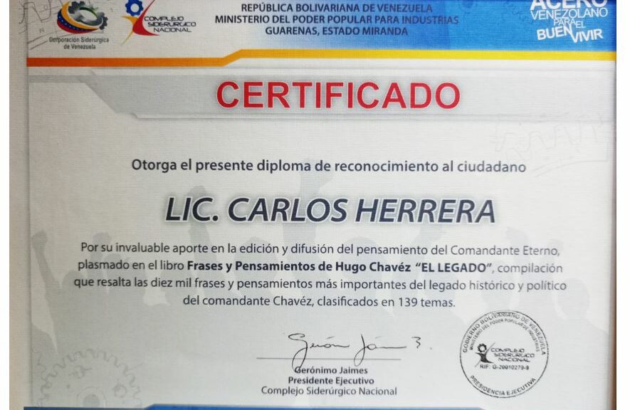 Libro de Chávez Frases y Pensamientos “El Legado” recibió reconocimiento de la Planta Guarenas del Complejo Siderúrgico Nacional