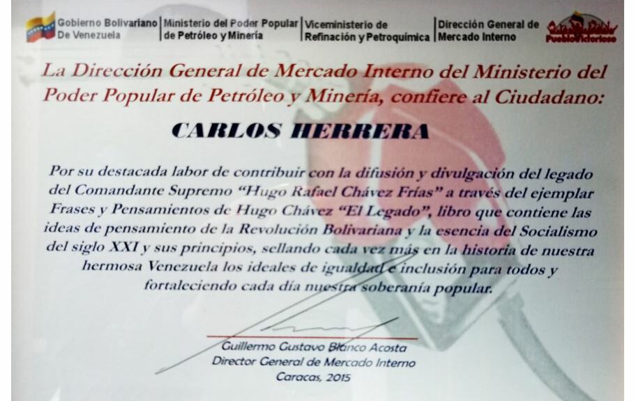 Libro de Chávez Frases y Pensamientos “El Legado” recibió reconocimiento de la Dirección General de Mercado Interno del Ministerio del Poder Popular de Petróleo y Minería