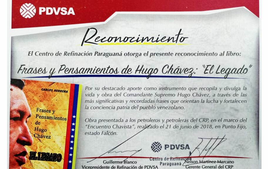 Libro de Chávez Frases y Pensamientos “El Legado” recibió reconocimiento del Centro de Refinación Paraguaná de Pdvsa
